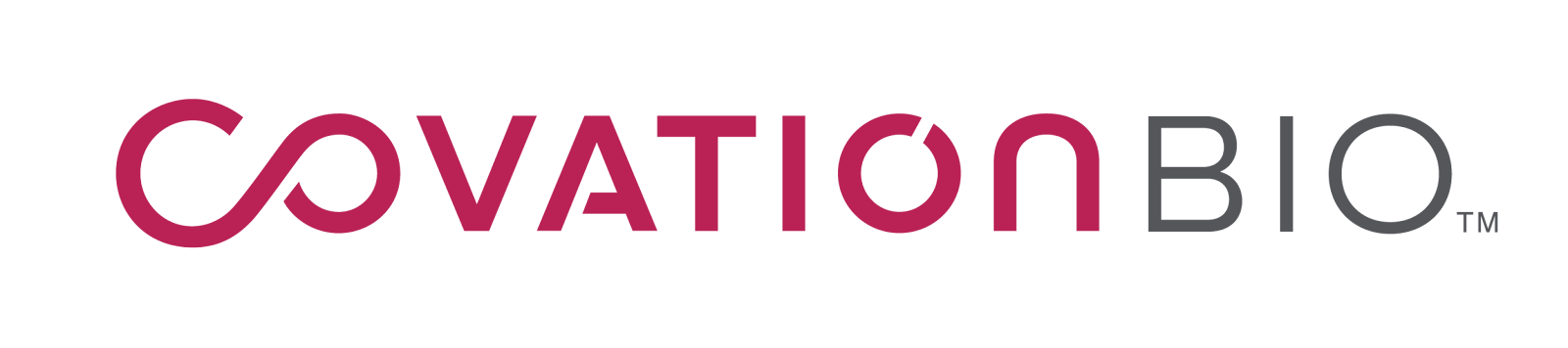 Logo featuring "CovationBIO" in bold pink and gray text, with an infinity symbol integrated into the design.