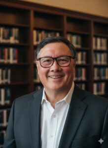 Smiling man in a dark suit and white shirt stands in front of a wooden bookshelf filled with books, conveying a professional atmosphere.