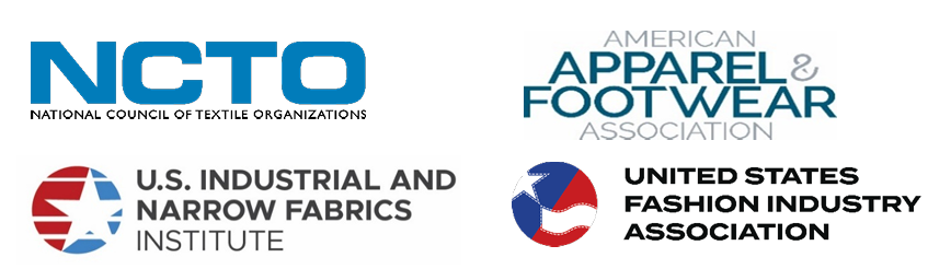 Logos of four organizations: NCTO, American Apparel & Footwear Association, U.S. Industrial and Narrow Fabrics Institute, and U.S. Fashion Industry Association.